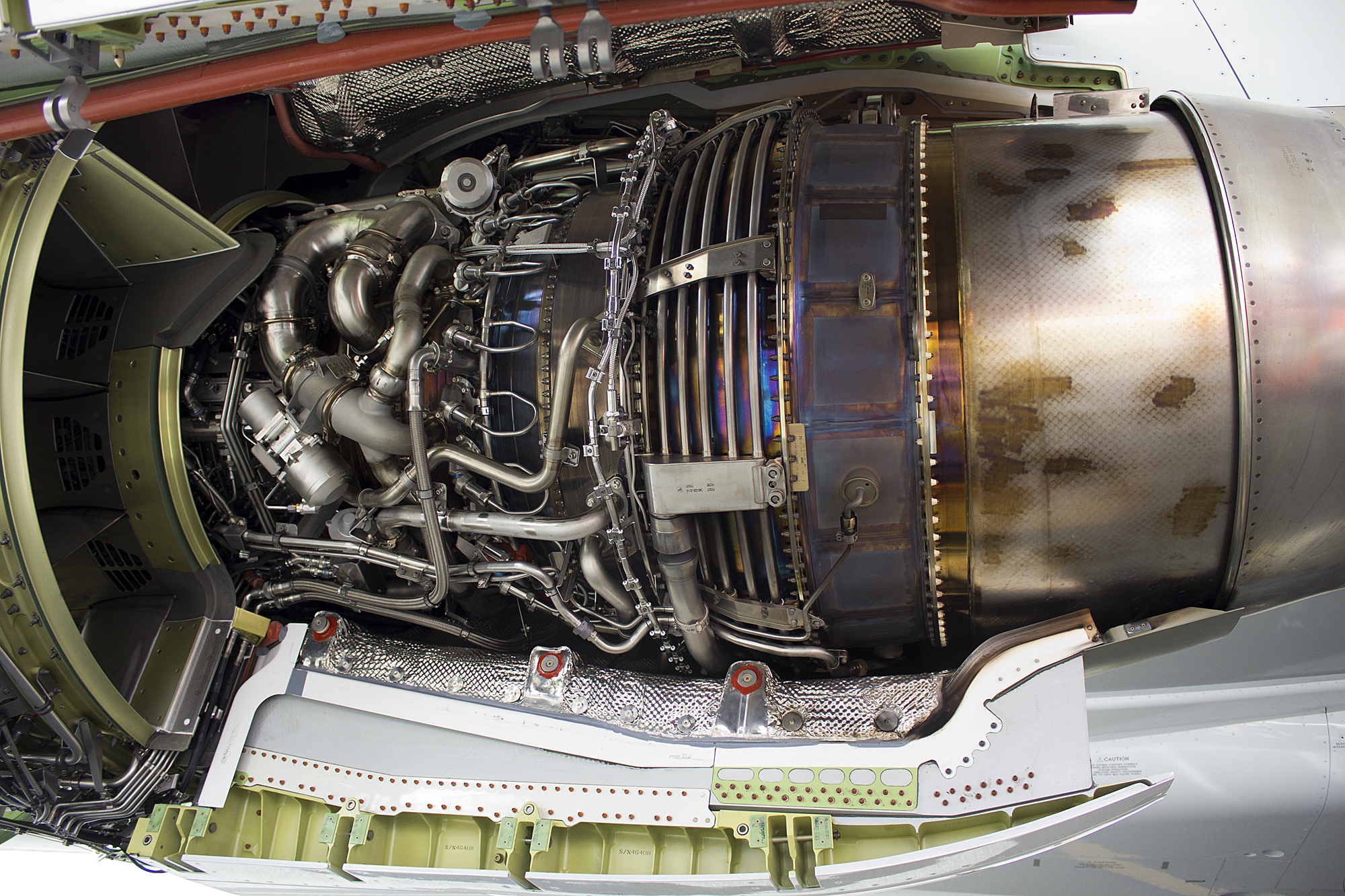 CFM56-7B engine core with cowls open on a Boeing 737-800