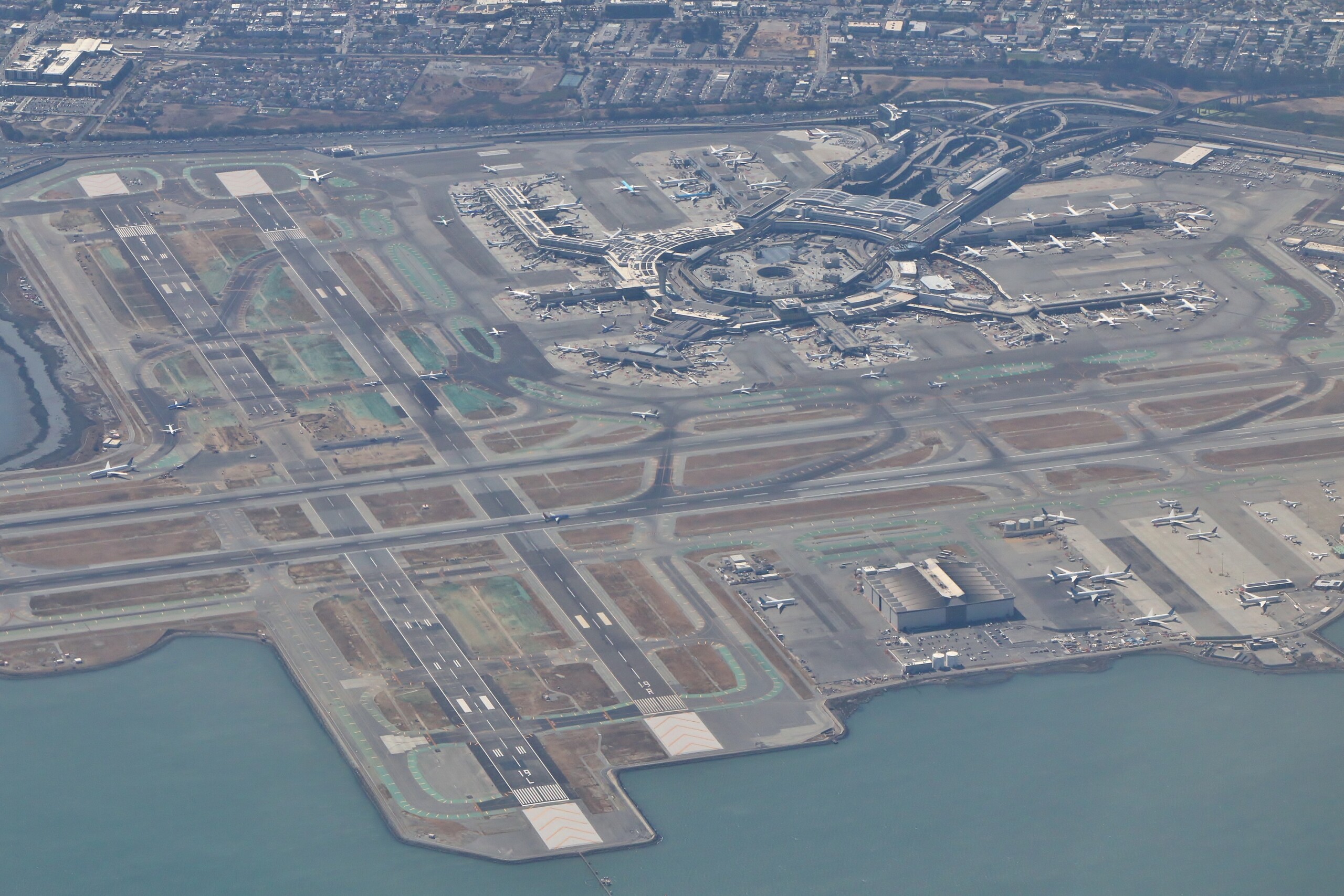 Aerial view of San Francisco International Airport showing runways and airfield